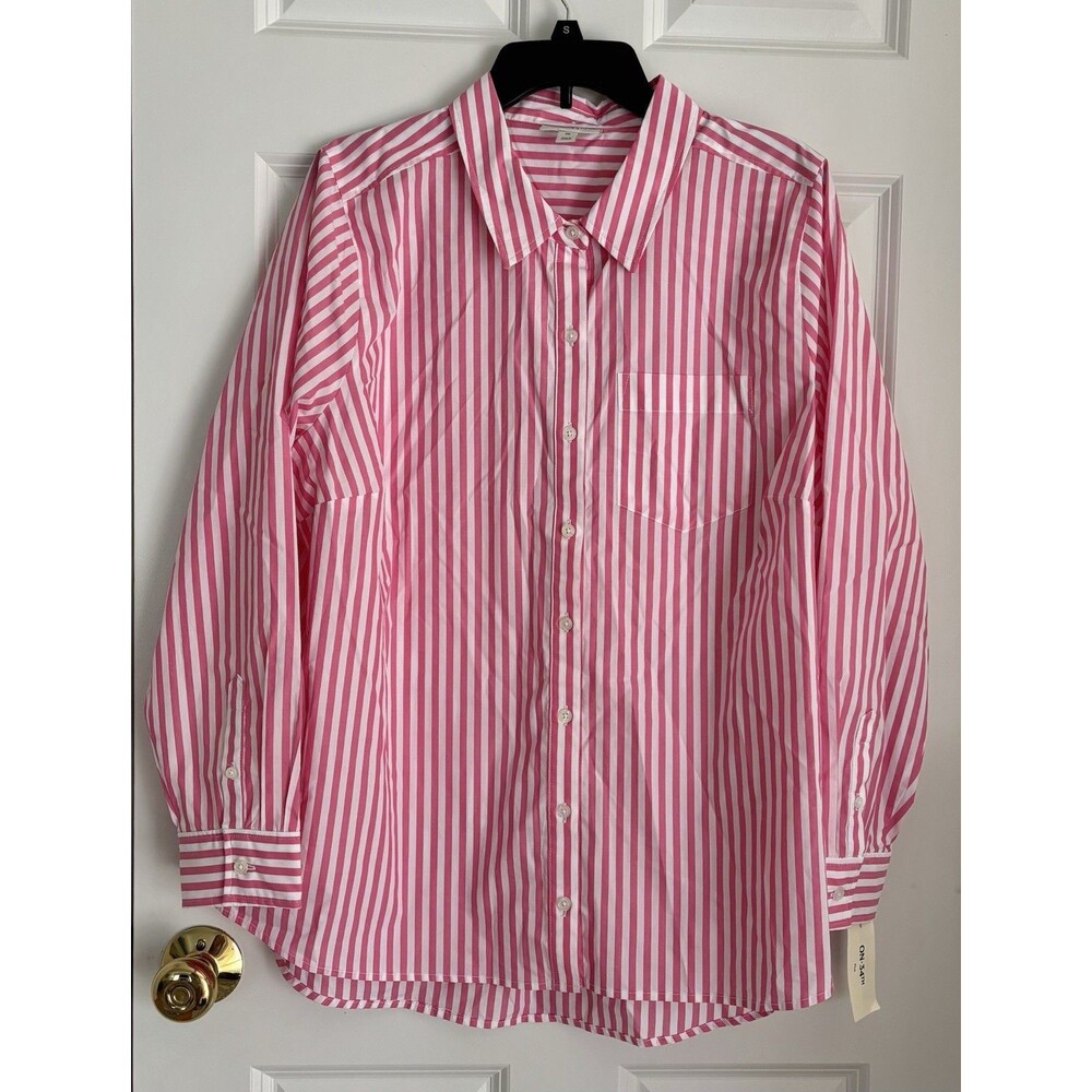 ON 34 TH WOMEN'S TOPS STRIPED PINK/WHITE BUTTON DOWN LONG SLEEVE COLLARED COTTON